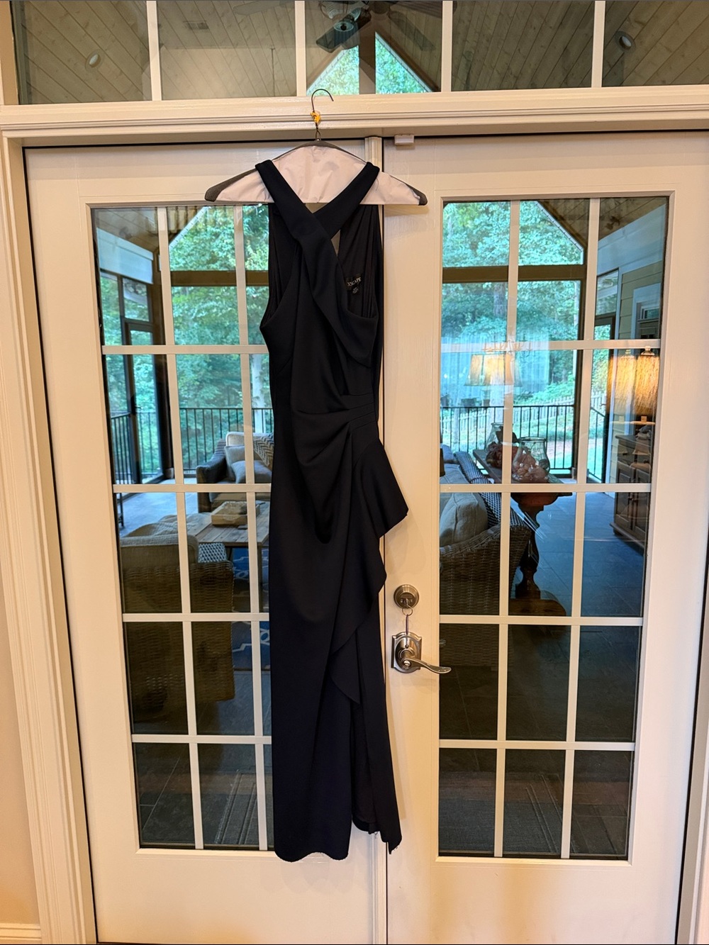 Xscape Black Maxi Dress with Cross-Back and Draped Ruffle